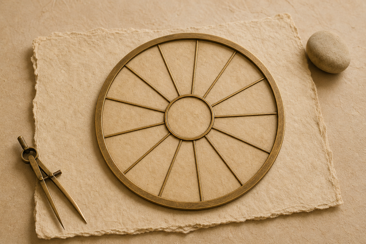 Antique brass twelve-house astrology wheel on handmade paper