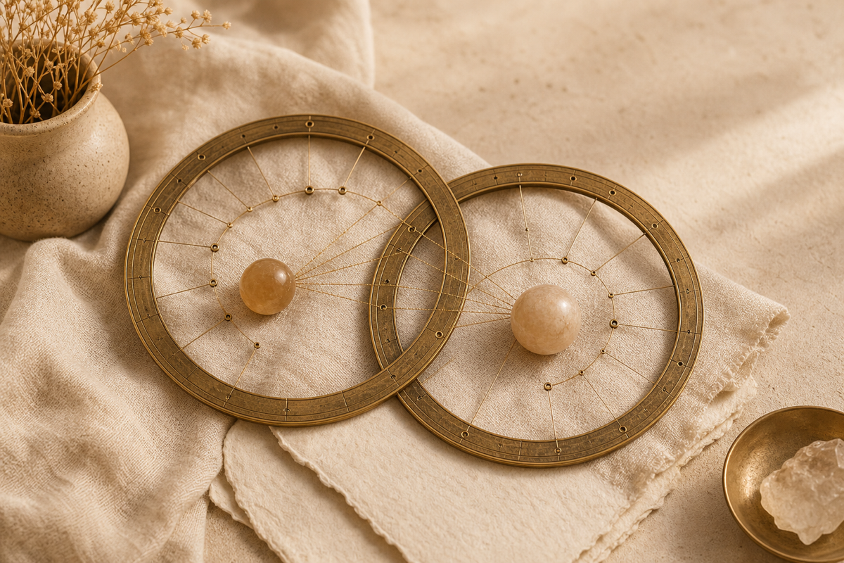 Two overlapping brass celestial charts connected by fine aspect lines