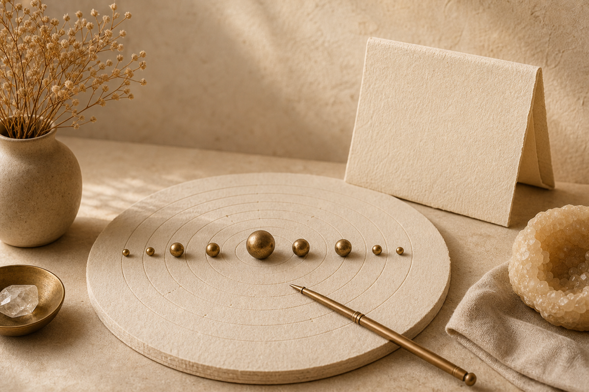 Brass planetary spheres arranged across a circular transit chart