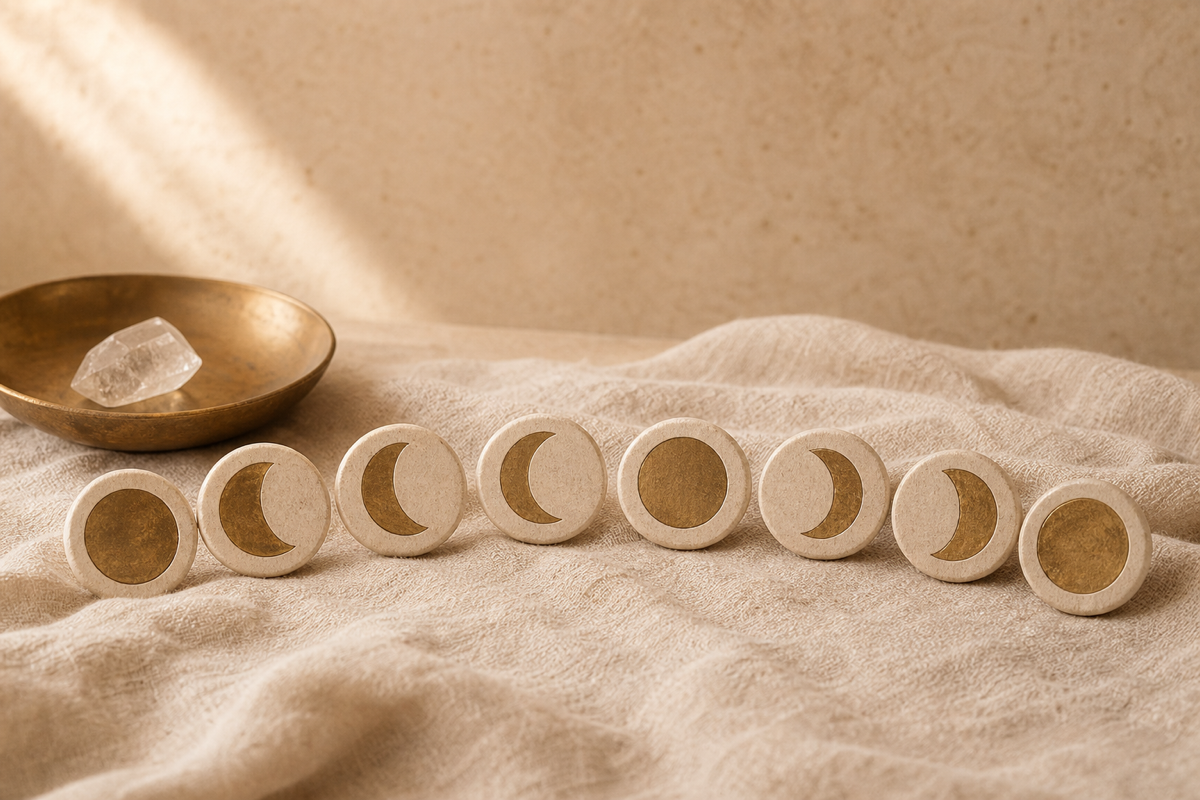 Sculptural moon phase disks arranged on warm linen