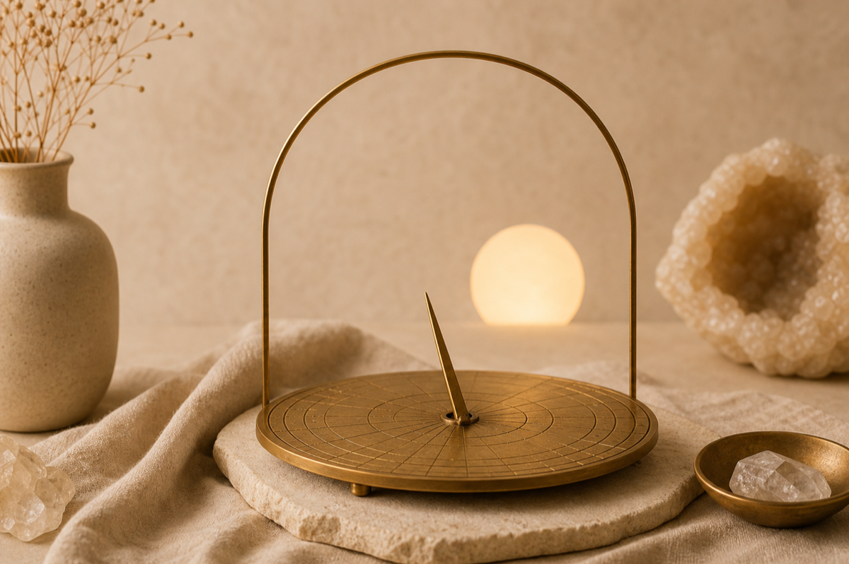 Antique brass horizon dial aligned with a softly glowing orb